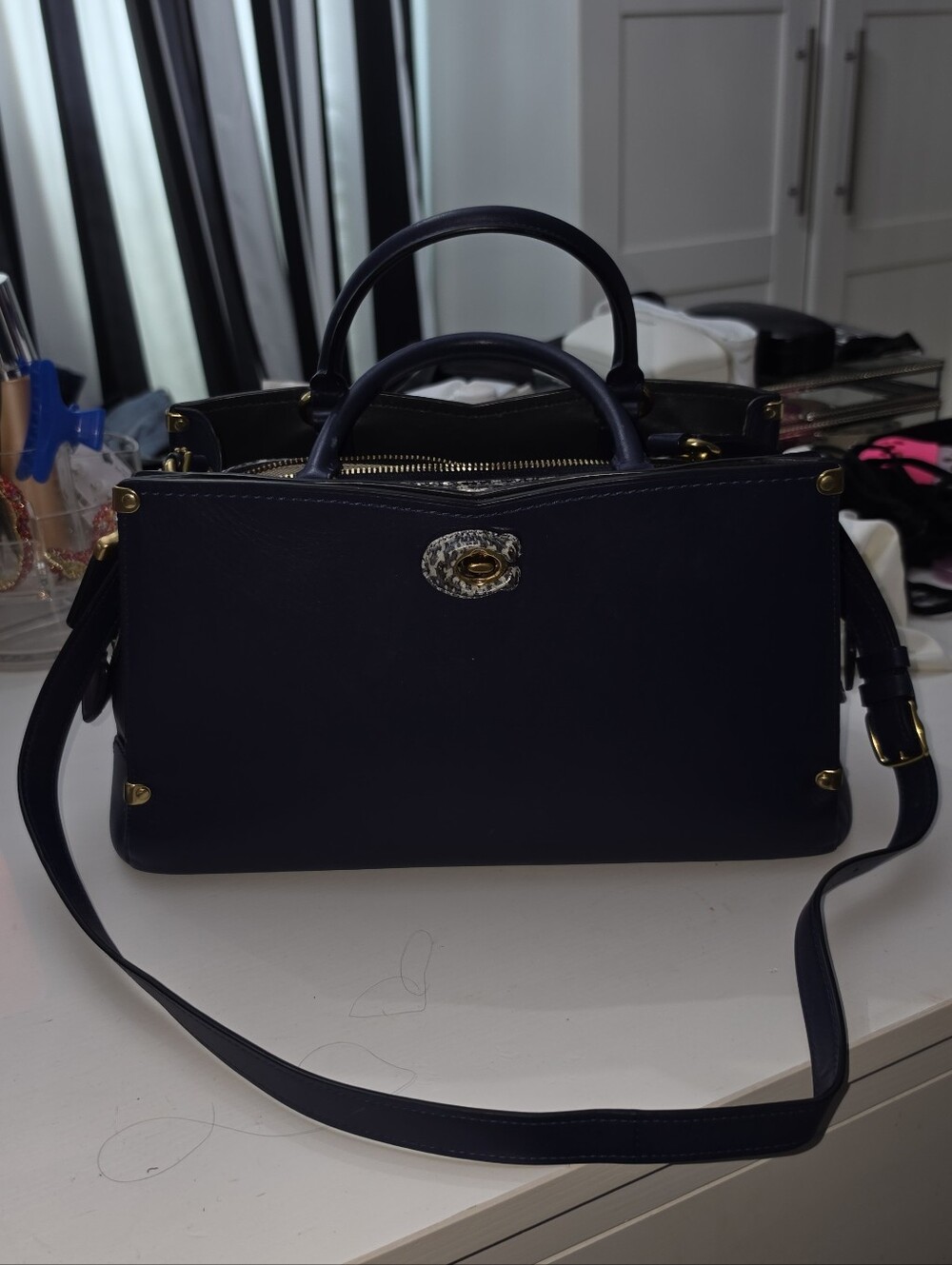Coach Leather Classic Navy Structured Top-Handle Satchel